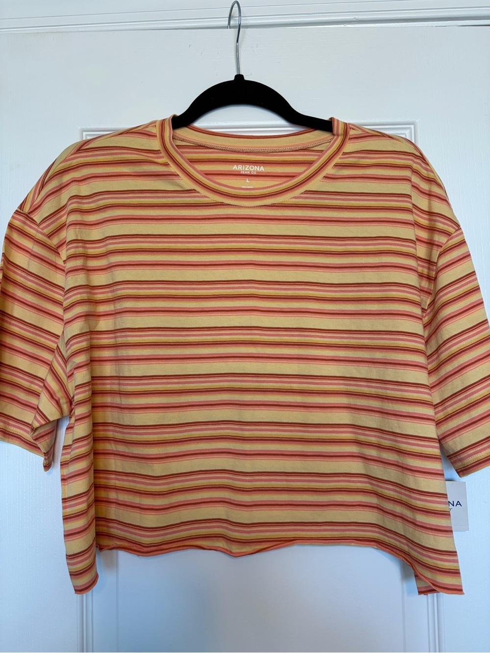 Arizona Jean Co Striped Tee Short Sleeve Crop Yellow Coral Cotton NWT Sz L